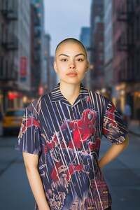 VTG SPIDERMAN All Over Print graphic navy button down shirt adult L Y2K AOP